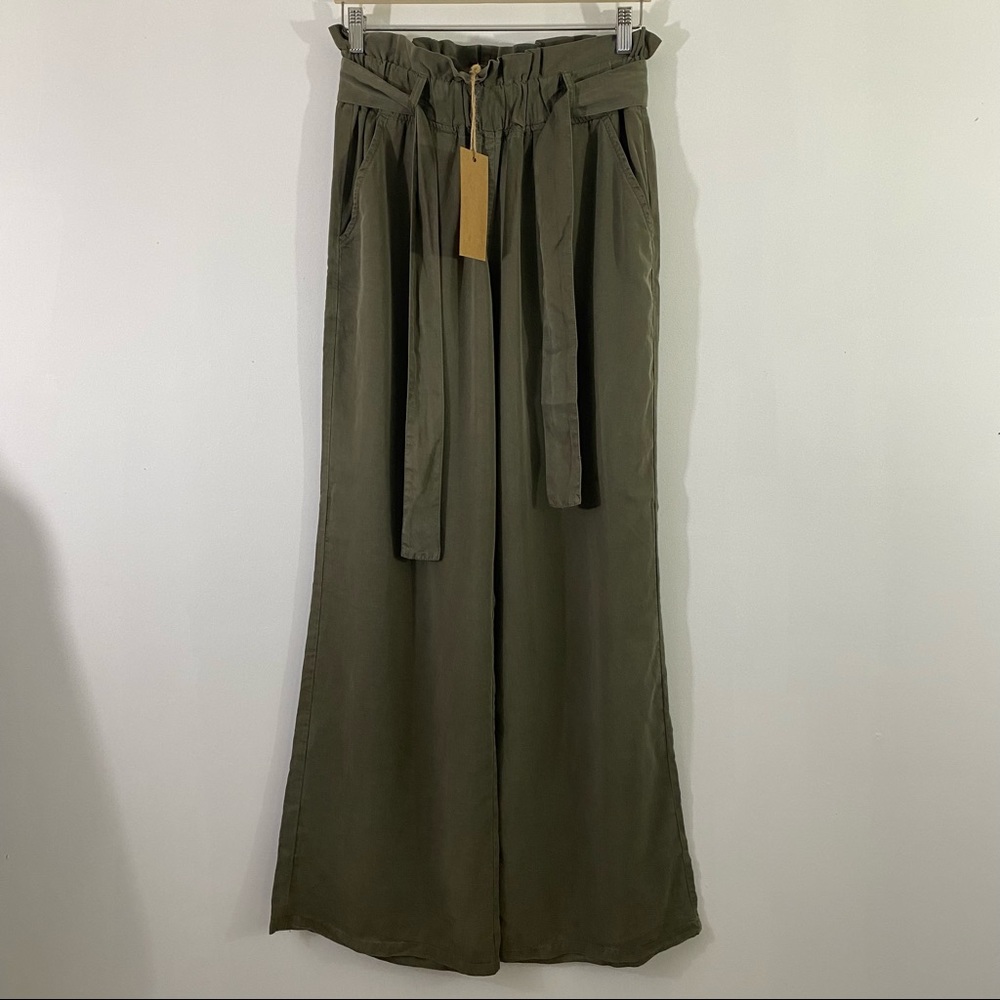 NWT Thread & Supply Women Paper Bag Pants Wide Leg Olive Green Waist Tie Sz M